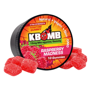 KBomb Kratom Gummies bundle in UV-sealed containers showcasing natural, vegan, non-GMO sweet treats infused with 15mg Mitragynine for energy and focus