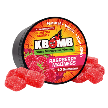 KBomb Kratom Gummies bundle in UV-sealed containers showcasing natural, vegan, non-GMO sweet treats infused with 15mg Mitragynine for energy and focus