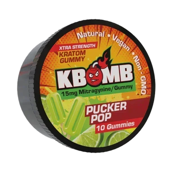 KBomb Kratom extract gummies in double sealed container with 15mg Mitragynine per gummy