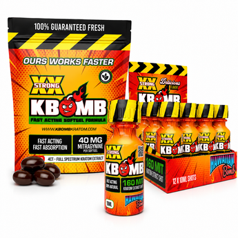 12ct Kratom Extract Softgel bottle with 12 KBomb Shots for fast-acting wellness and relief