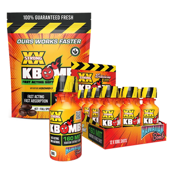 12ct Kratom Extract Softgel bottle with 12 KBomb Shots for fast-acting wellness and relief