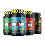 KBomb Signature 4-Pack Capsule Set with green, white, red, and Train Wreck kratom blends in capsule form