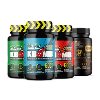 KBomb Signature 4-Pack Capsule Set with green, white, red, and Train Wreck kratom blends in capsule form