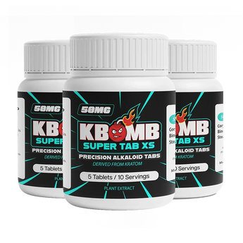 KBomb Super Tab XS 50mg botanical alkaloid wellness tablet with dosage and safety information