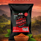 Black package of Silky Red Sumatra coffee with a scenic background