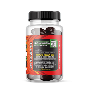 Bottle of 40mg Kratom Extract Softgels with 30 capsules for potent, fast-acting natural relief