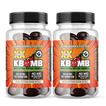Bottle of KBomb 40mg Kratom Extract Softgels with natural Mitragynine extract for fast, potent relief