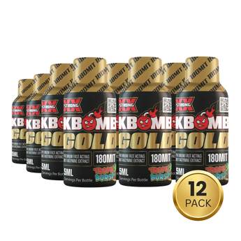 180mg Kratom Liquid Gold Shot bottle with tropical flavor and powerful Mitragynine extract