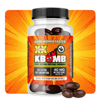 Bottle of 40mg Kratom Extract Softgels with 30-count capsules for fast, potent relief