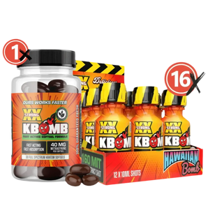 Da Bomb Kratom Bundle with 30ct softgel bottle and 16 liquid shots for enhanced focus and relaxation