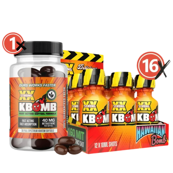 Da Bomb kratom bundle with 30ct softgel bottle and 16 liquid shots