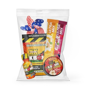 Kratom Bomb Bag variety pack with gummies, softgels, ultramix packs, and liquid shot products