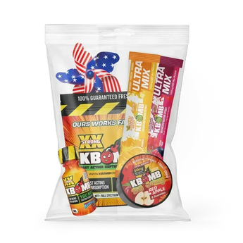 Kratom Bomb Bag variety pack with gummies, softgels, ultramix packs, and liquid shot products