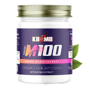 Bottle of Magic 100 Tabs mitragynine alkaloid tablets with 10 tablets per bottle
