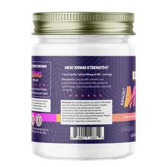 Bottle of Magic 100 Tabs mitragynine alkaloid tablets with product label
