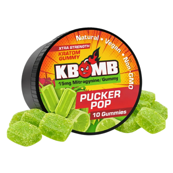KBomb Pucker Pop gummy packaging with green gummies on a white background