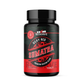 Silky Red Sumatra Kratom capsules blend in a bottle for calming evening use