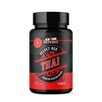 Bottle of Velvet Red Thai Kratom capsules with warm red label for relaxation and mood uplift