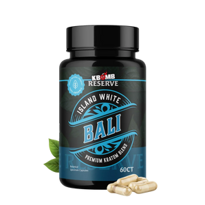 White Bali kratom capsules bottle, daytime blend by KBomb Kratom