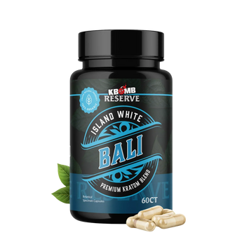 White Bali kratom capsules bottle, daytime blend by KBomb Kratom