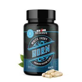 White Horn kratom capsules bottle with green and white label