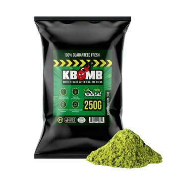 Green Multi-Strain Kratom powder blend by KBomb showcasing fresh, natural green kratom strains for energy and focus enhancement
