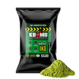 Green Multi-Strain Kratom powder blend jar with vibrant green label and fresh kratom leaf illustration