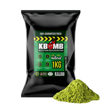 Green Multi-Strain Kratom powder blend jar with vibrant green label and fresh kratom leaf illustration
