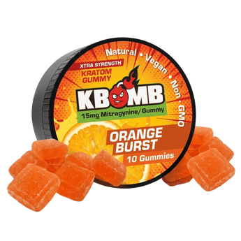 KBomb Kratom Extract Gummies in UV-protected airtight container with 15mg Mitragynine per gummy, vegan and non-GMO