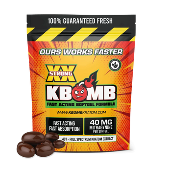 KBomb kratom extract softgels pouch, 40mg mitragynine per softgel