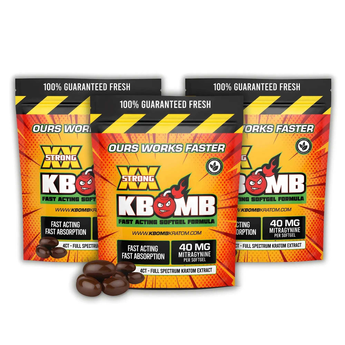 KBOMB Kratom Extract Softgels bottle with 40mg Mitragynine each, natural South Pacific ingredients