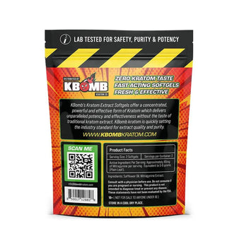 KBOMB Kratom Extract Softgels bottle with natural ingredients for fast relief and wellness
