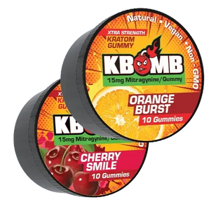 Bundle of KBomb Kratom Gummies in double sealed containers showcasing vegan, non-GMO natural kratom treats