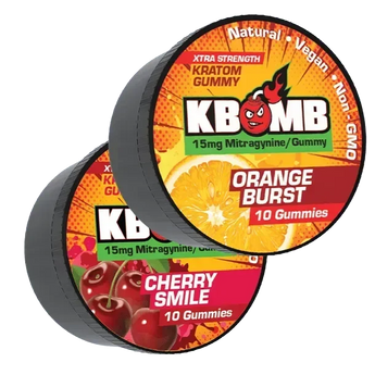 KBomb Kratom Gummies bundle in UV-sealed container showcasing natural, vegan, non-GMO kratom treats with 15mg Mitragynine per gummy