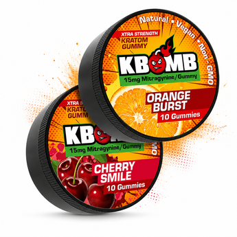 KBomb Kratom Gummies bundle in UV-sealed container showcasing natural, vegan, non-GMO kratom treats with 15mg Mitragynine per gummy