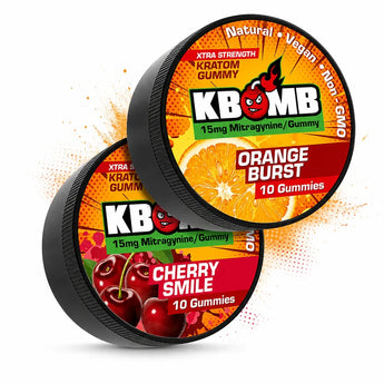 KBomb Kratom Gummies bundle in UV-sealed container showcasing natural, vegan, non-GMO kratom treats with 15mg Mitragynine per gummy