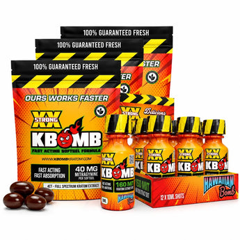 Life Of The Party kratom bundle with softgels and liquid shots