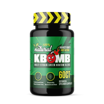 Bottle of KBomb Multi-Strain Green Kratom capsules showcasing vegan energy-boosting kratom blend