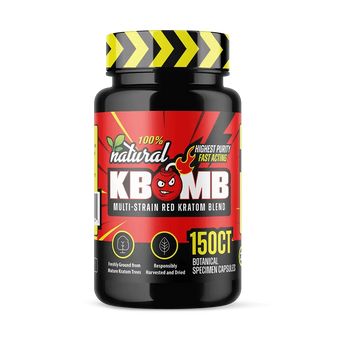 KBomb Multi-Strain Red Kratom capsules bottle with vegan supplement pills