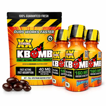 Multi kratom bundle with extract softgels and liquid shots by KBomb