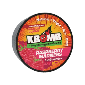 KBomb Kratom extract gummies in sealed container for energy and focus