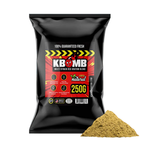 KBomb Red Multi-Strain Kratom powder blend in container showcasing natural finely ground red kratom powder