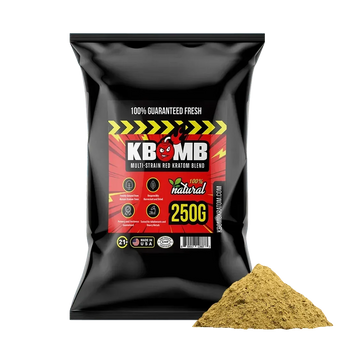 KBomb Red Multi-Strain Kratom powder blend in container showcasing natural finely ground red kratom powder