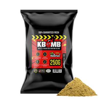 KBomb Red Multi-Strain Kratom powder blend in container showcasing natural finely ground red kratom powder