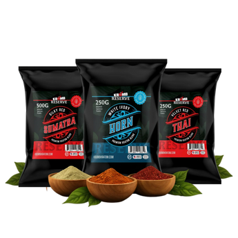 Three black spice packages with labels and three wooden bowls of spices on a white background.