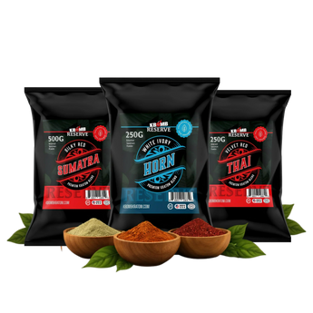 Kratom Powder Reserve 3-pack bundle with Silky Red Sumatra, Velvet Red Thai, and White Ivory Horn blends