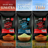 Three-pack Kratom Powder Reserve bundle with Silky Red Sumatra, Velvet Red Thai, and White Ivory Horn blends