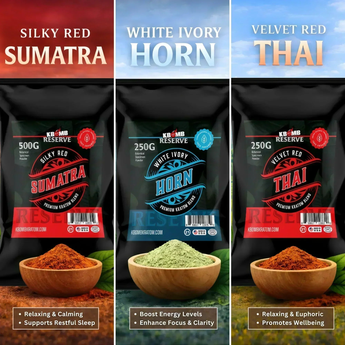 Three-pack Kratom Powder Reserve bundle with Silky Red Sumatra, Velvet Red Thai, and White Ivory Horn blends