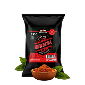 Black package of Sumatra coffee with a bowl of ground coffee and leaves on a white background