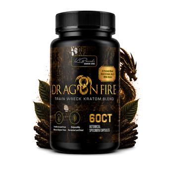 Trainwreck Dragon Fire kratom capsules featuring red, green, and white strain blend for energy and focus